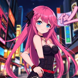 A sexy anime girl with long flowing pink hair, wearing a stylish black and red outfit