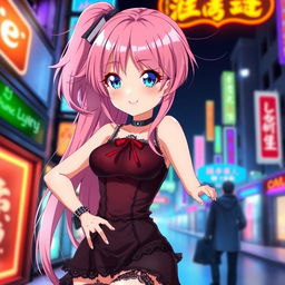 A sexy anime girl with long flowing pink hair, wearing a stylish black and red outfit