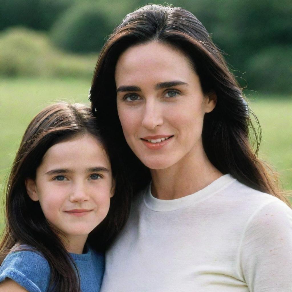 Generate an image of Jennifer Connelly with her fictional daughter, capturing their shared features and familial bond.