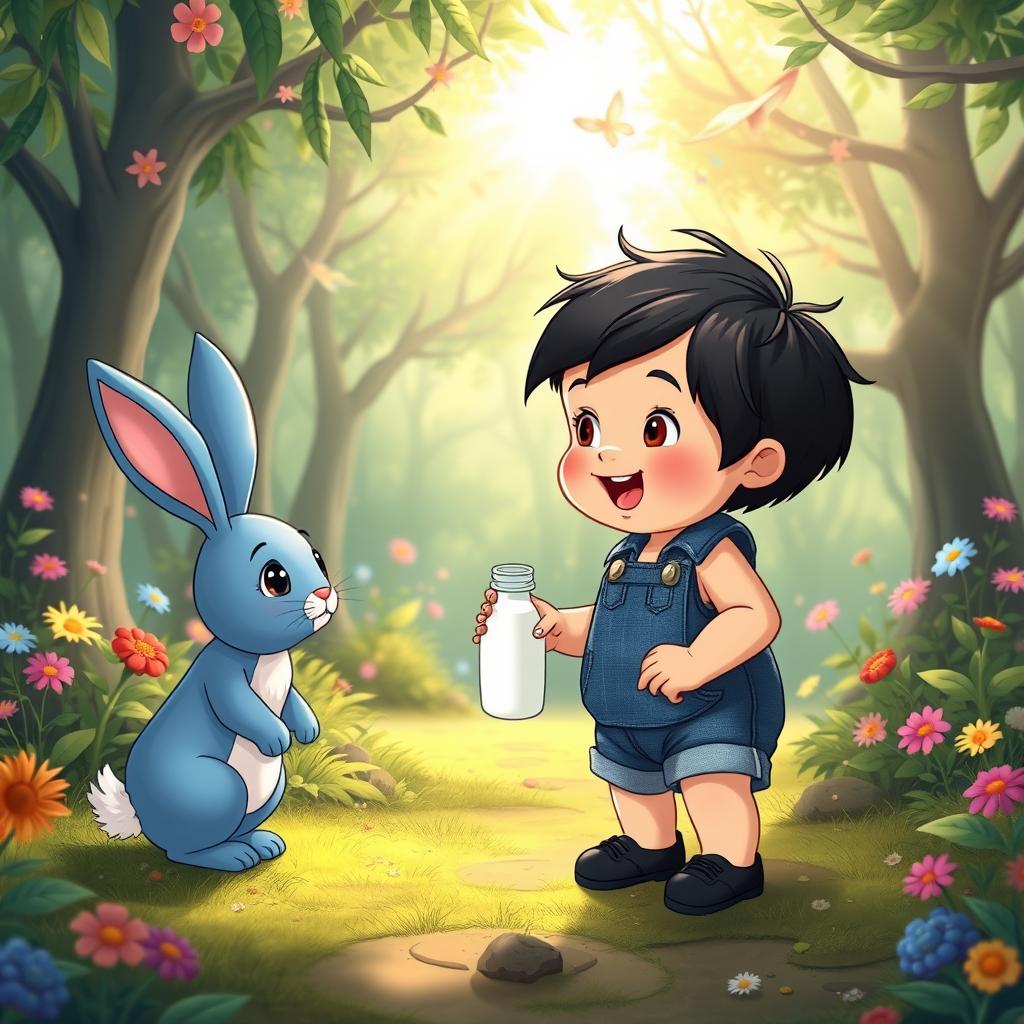 A cartoon scene featuring a 10-month-old baby boy with thick black hair, wearing a denim short jumper and black shoes