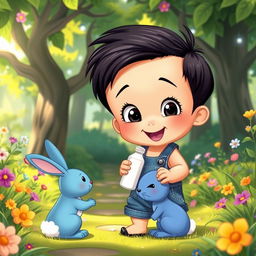 A cartoon scene featuring a 10-month-old baby boy with thick black hair, wearing a denim short jumper and black shoes