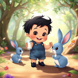 A cartoon scene featuring a 10-month-old baby boy with thick black hair, wearing a denim short jumper and black shoes