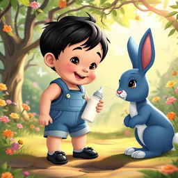 A cartoon scene featuring a 10-month-old baby boy with thick black hair, wearing a denim short jumper and black shoes