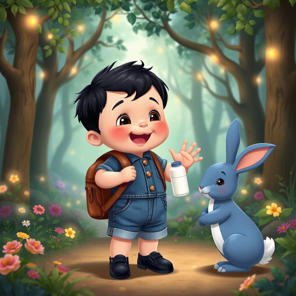 A cartoon scene depicting a 10-month-old baby boy with thick black hair, dressed in a denim short jumper and black shoes