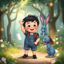 A cartoon scene depicting a 10-month-old baby boy with thick black hair, dressed in a denim short jumper and black shoes