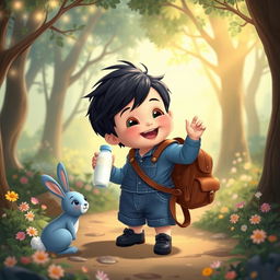 A cartoon scene depicting a 10-month-old baby boy with thick black hair, dressed in a denim short jumper and black shoes