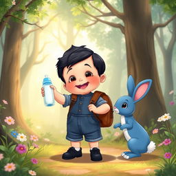 A cartoon scene depicting a 10-month-old baby boy with thick black hair, dressed in a denim short jumper and black shoes