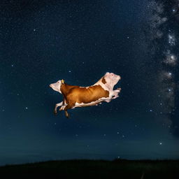 A joyful cow leaping over a large, luminous full moon against a dark starry night sky.