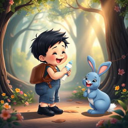 A cartoon scene featuring a 10-month-old baby boy with thick black hair, dressed in a denim short jumper and black shoes