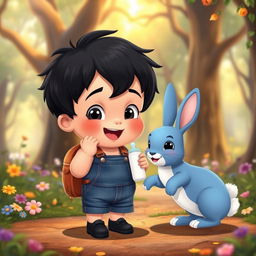 A cartoon scene featuring a 10-month-old baby boy with thick black hair, dressed in a denim short jumper and black shoes