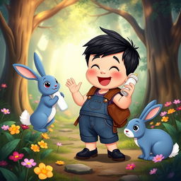 A cartoon scene featuring a 10-month-old baby boy with thick black hair, dressed in a denim short jumper and black shoes