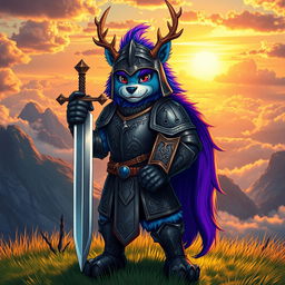 A heroic furry knight clad in ornate medieval armor, standing proudly on a grassy hilltop, with a shimmering sword resting on their shoulder