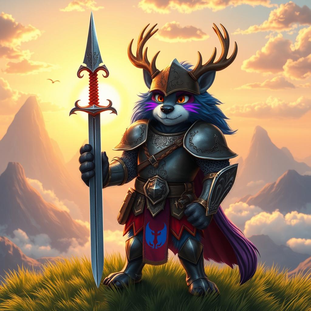 A heroic furry knight clad in ornate medieval armor, standing proudly on a grassy hilltop, with a shimmering sword resting on their shoulder