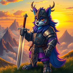 A heroic furry knight clad in ornate medieval armor, standing proudly on a grassy hilltop, with a shimmering sword resting on their shoulder