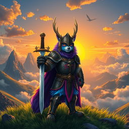 A heroic furry knight clad in ornate medieval armor, standing proudly on a grassy hilltop, with a shimmering sword resting on their shoulder