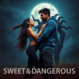 A cinematic fantasy film poster titled 'Sweet & Dangerous', featuring a sweet and beautiful 27-year-old Indian girl with long flowing hair, wearing a stylish modern top and fitted jeans