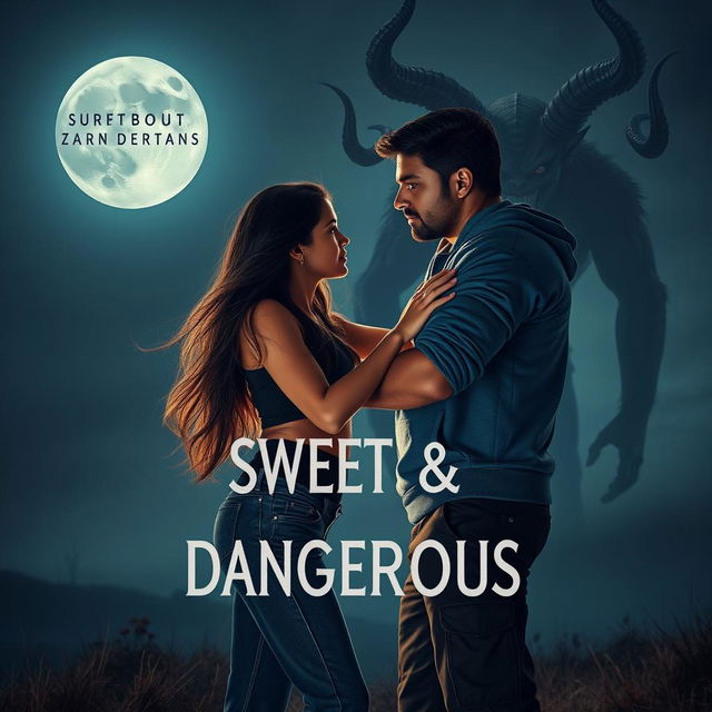 A cinematic fantasy film poster titled 'Sweet & Dangerous', featuring a sweet and beautiful 27-year-old Indian girl with long flowing hair, wearing a stylish modern top and fitted jeans