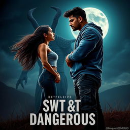 A cinematic fantasy film poster titled 'Sweet & Dangerous', featuring a sweet and beautiful 27-year-old Indian girl with long flowing hair, wearing a stylish modern top and fitted jeans