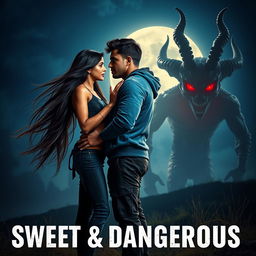 A cinematic fantasy film poster titled 'Sweet & Dangerous', featuring a sweet and beautiful 27-year-old Indian girl with long flowing hair, wearing a stylish modern top and fitted jeans