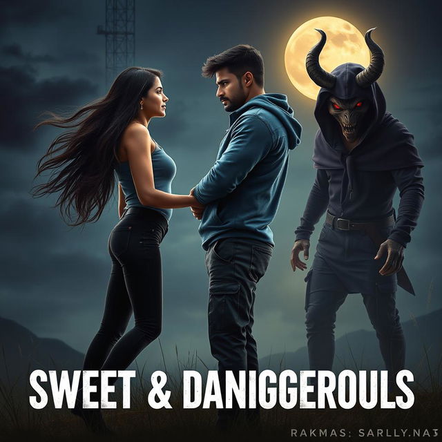 A cinematic fantasy film poster titled 'Sweet & Dangerous', featuring a sweet and beautiful 27-year-old Indian girl with long, flowing hair, dressed in a stylish modern top and fitted jeans