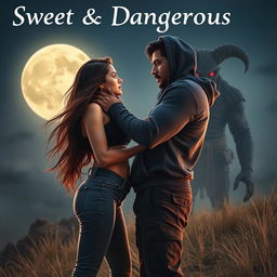 A cinematic fantasy film poster titled 'Sweet & Dangerous', featuring a sweet and beautiful 27-year-old Indian girl with long, flowing hair, dressed in a stylish modern top and fitted jeans