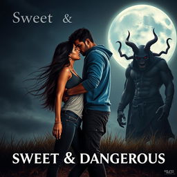 A cinematic fantasy film poster titled 'Sweet & Dangerous', featuring a sweet and beautiful 27-year-old Indian girl with long, flowing hair, dressed in a stylish modern top and fitted jeans