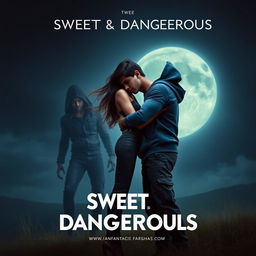 A cinematic fantasy film poster titled 'Sweet & Dangerous', featuring a sweet and beautiful 27-year-old Indian girl with long, flowing hair, dressed in a stylish modern top and fitted jeans