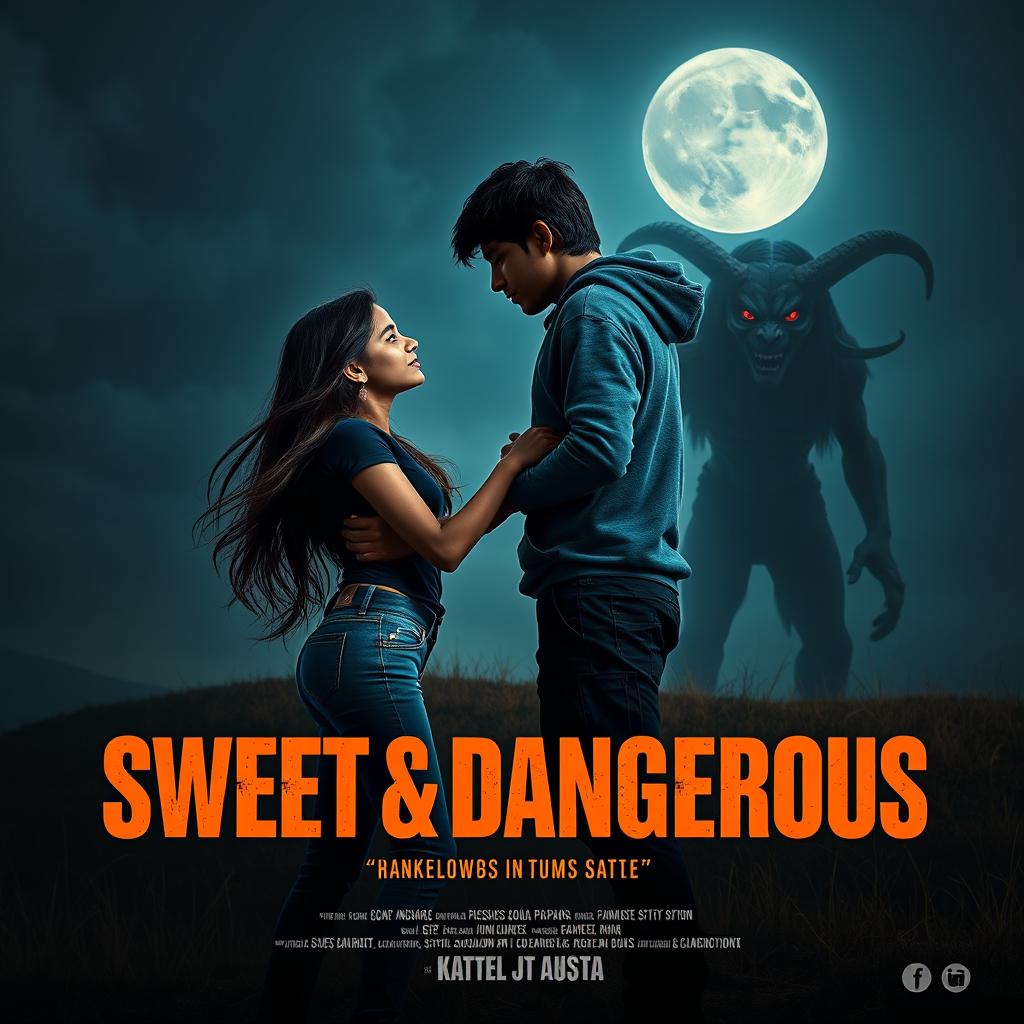 A cinematic fantasy film poster titled 'Sweet & Dangerous', depicting a sweet and beautiful 27-year-old Indian girl with long, flowing hair, dressed in a modern top and stylish jeans