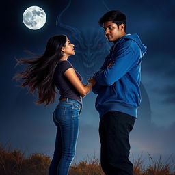 A cinematic fantasy film poster titled 'Sweet & Dangerous', depicting a sweet and beautiful 27-year-old Indian girl with long, flowing hair, dressed in a modern top and stylish jeans