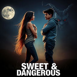 A cinematic fantasy film poster titled 'Sweet & Dangerous', depicting a sweet and beautiful 27-year-old Indian girl with long, flowing hair, dressed in a modern top and stylish jeans