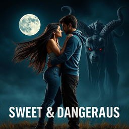 A cinematic fantasy film poster titled 'Sweet & Dangerous', depicting a sweet and beautiful 27-year-old Indian girl with long, flowing hair, dressed in a modern top and stylish jeans