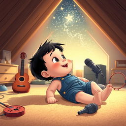 A cartoon scene featuring a 10-month-old baby boy with thick black hair lying on a cozy carpet in his attic room