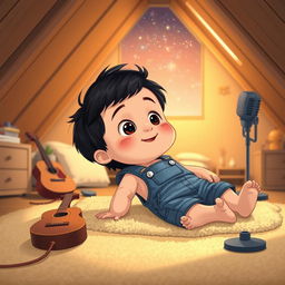 A cartoon scene featuring a 10-month-old baby boy with thick black hair lying on a cozy carpet in his attic room