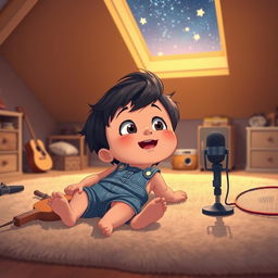 A cartoon scene featuring a 10-month-old baby boy with thick black hair lying on a cozy carpet in his attic room