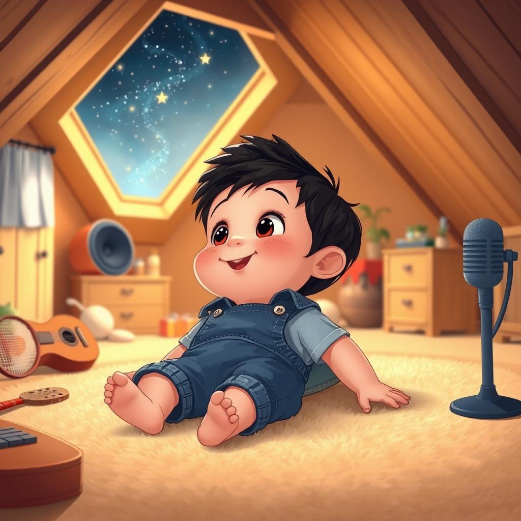 A cartoon scene featuring a 10-month-old baby boy with thick black hair lying on a cozy carpet in his attic room