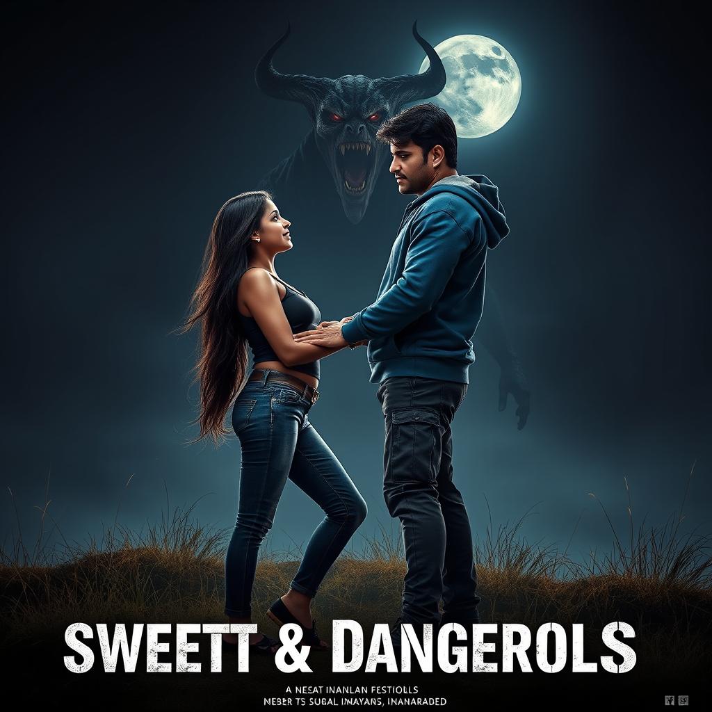 A cinematic fantasy film poster titled 'Sweet & Dangerous', showcasing a sweet and beautiful 27-year-old Indian girl with long, flowing hair, dressed in a modern top and stylish jeans