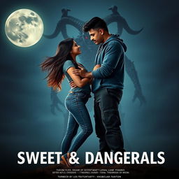 A cinematic fantasy film poster titled 'Sweet & Dangerous', showcasing a sweet and beautiful 27-year-old Indian girl with long, flowing hair, dressed in a modern top and stylish jeans