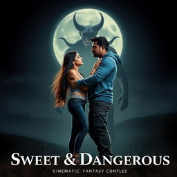 A cinematic fantasy film poster titled 'Sweet & Dangerous', showcasing a sweet and beautiful 27-year-old Indian girl with long, flowing hair, dressed in a modern top and stylish jeans