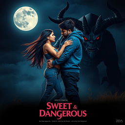 A cinematic fantasy film poster titled 'Sweet & Dangerous', showcasing a sweet and beautiful 27-year-old Indian girl with long, flowing hair, dressed in a modern top and stylish jeans