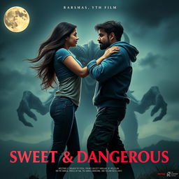 A cinematic fantasy film poster titled 'Sweet & Dangerous', showcasing a sweet and beautiful 27-year-old Indian girl with long, flowing hair, dressed in a modern top and stylish jeans