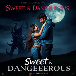 A cinematic fantasy film poster titled 'Sweet & Dangerous', showcasing a sweet and beautiful 27-year-old Indian girl with long, flowing hair, dressed in a modern top and stylish jeans