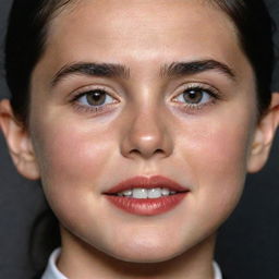 Create an image of a child who combines dominant facial features of Jennifer Connelly and Tom Cruise.