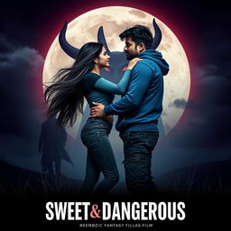 A cinematic fantasy film poster titled 'Sweet & Dangerous', showcasing a sweet and beautiful 27-year-old Indian girl with long, flowing hair, dressed in a modern top and stylish jeans