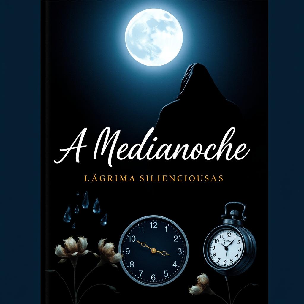 A captivating cover design for 'A Medianoche, Lágrimas Silenciosas' featuring a dark night background with a bright, shining moon signifying midnight