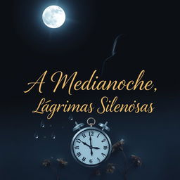 A captivating cover design for 'A Medianoche, Lágrimas Silenciosas' featuring a dark night background with a bright, shining moon signifying midnight