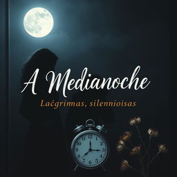 A captivating cover design for 'A Medianoche, Lágrimas Silenciosas' featuring a dark night background with a bright, shining moon signifying midnight