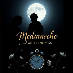 A captivating cover design for 'A Medianoche, Lágrimas Silenciosas' featuring a dark night background with a bright, shining moon signifying midnight