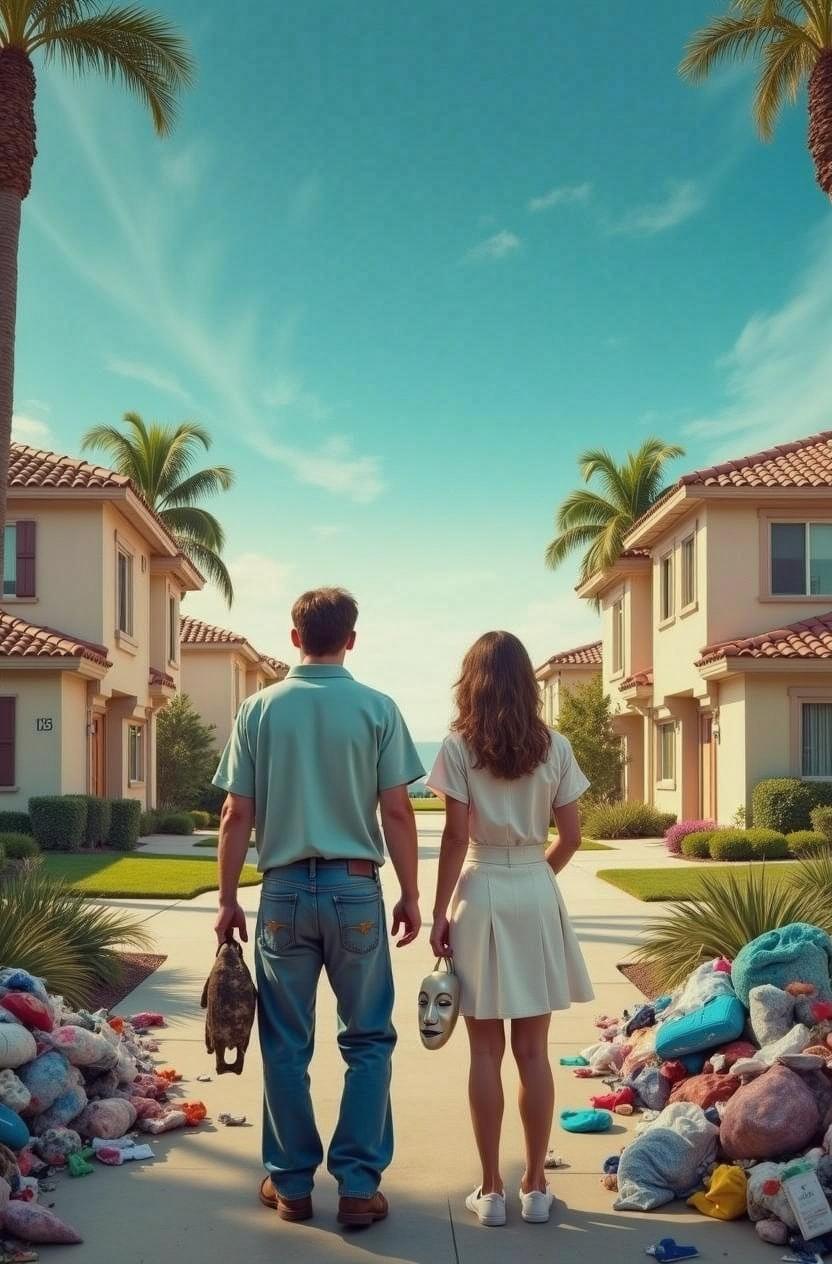 A surreal scene of a young couple standing on a suburban street, holding hands