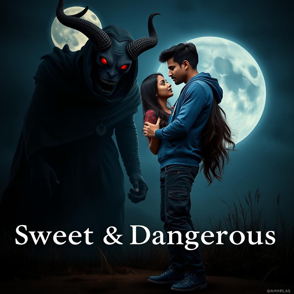 A cinematic fantasy film poster titled 'Sweet & Dangerous', featuring a sweet and beautiful 27-year-old Indian girl with long, flowing hair, dressed in a stylish modern top and fitted jeans