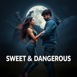 A cinematic fantasy film poster titled 'Sweet & Dangerous', featuring a sweet and beautiful 27-year-old Indian girl with long, flowing hair, dressed in a stylish modern top and fitted jeans